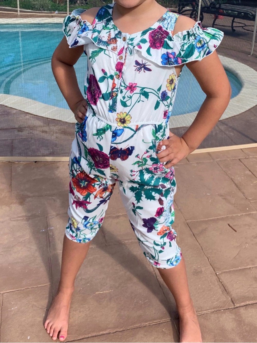 Girls' White Floral Cold-Shoulder Jumpsuit